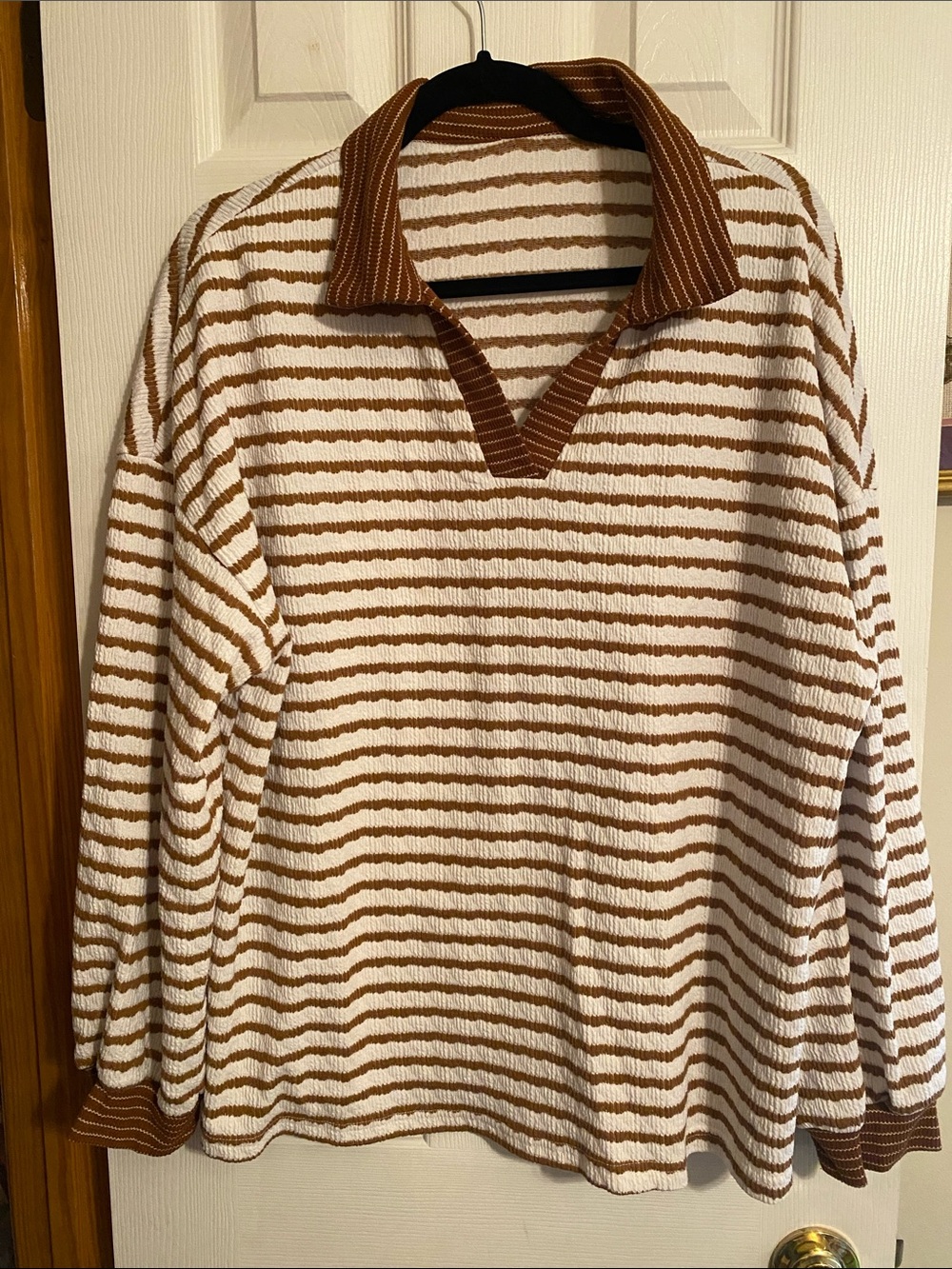 Striped V-Neck Long Sleeve Top — Cream and Brown